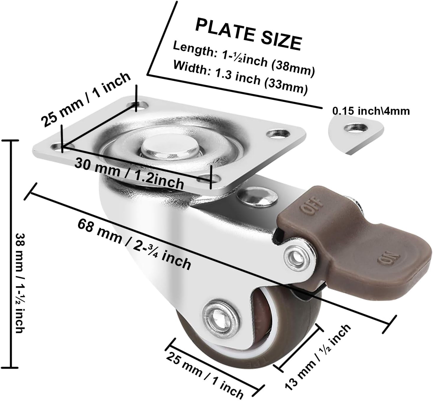 JZK 4 X 1 Inch Small Swivel Casters Wheels With Brakes And Screws 100kg - View #2