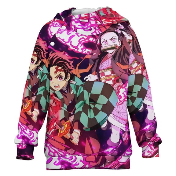 Demon Slayer Kids Hoodie Raglan Sleeve Hooded Snap Sweatshirt Casual Wear Soft Breathable Outerwear Winter Clothes 6-7Y