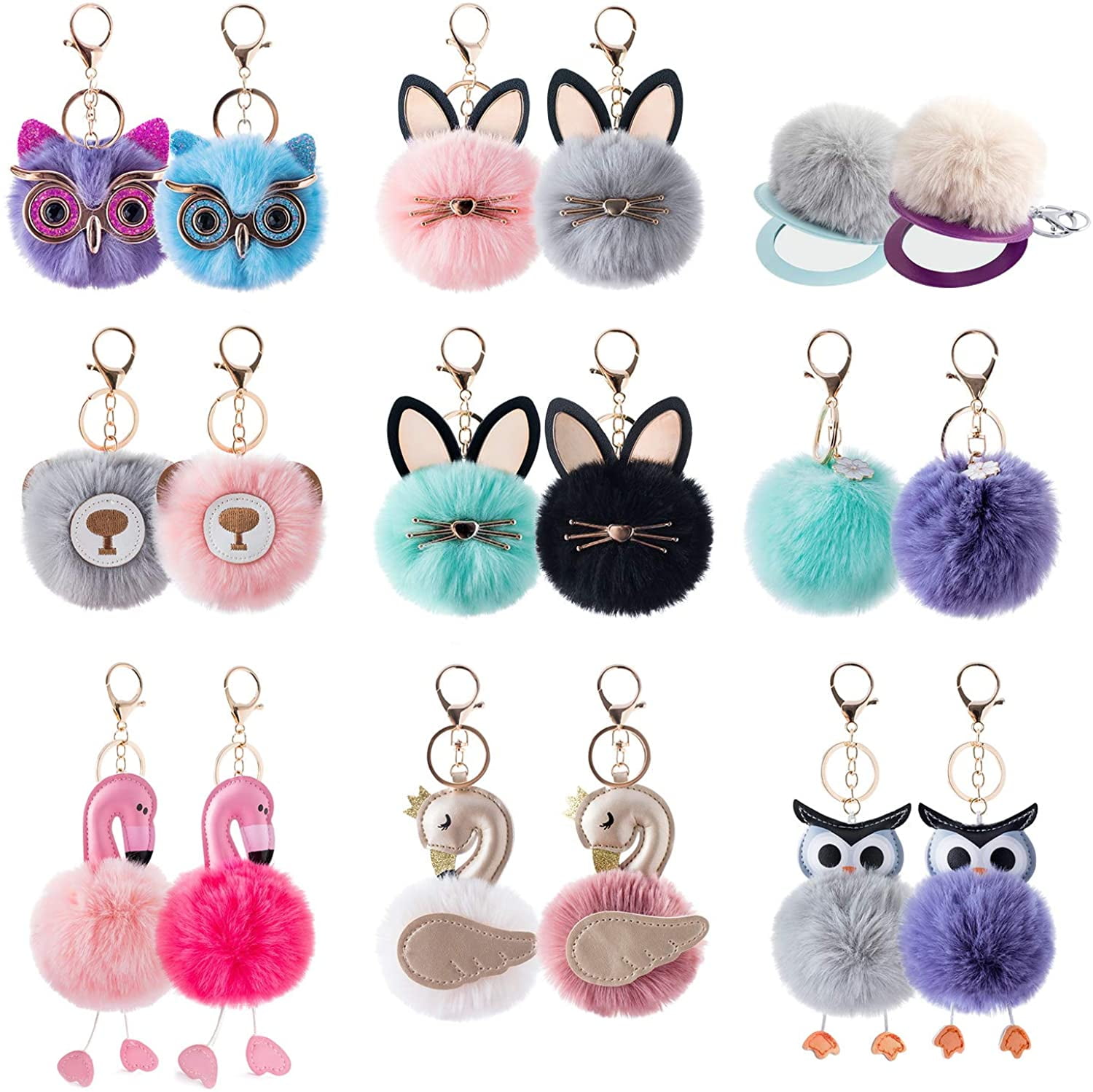 18Pcs Pom Pom Keychain Bulk w Travel Makeup Mirror Cute Fluffy Faux Fur Balls for Women Girls Bag Purse Charm Car Key Rings 