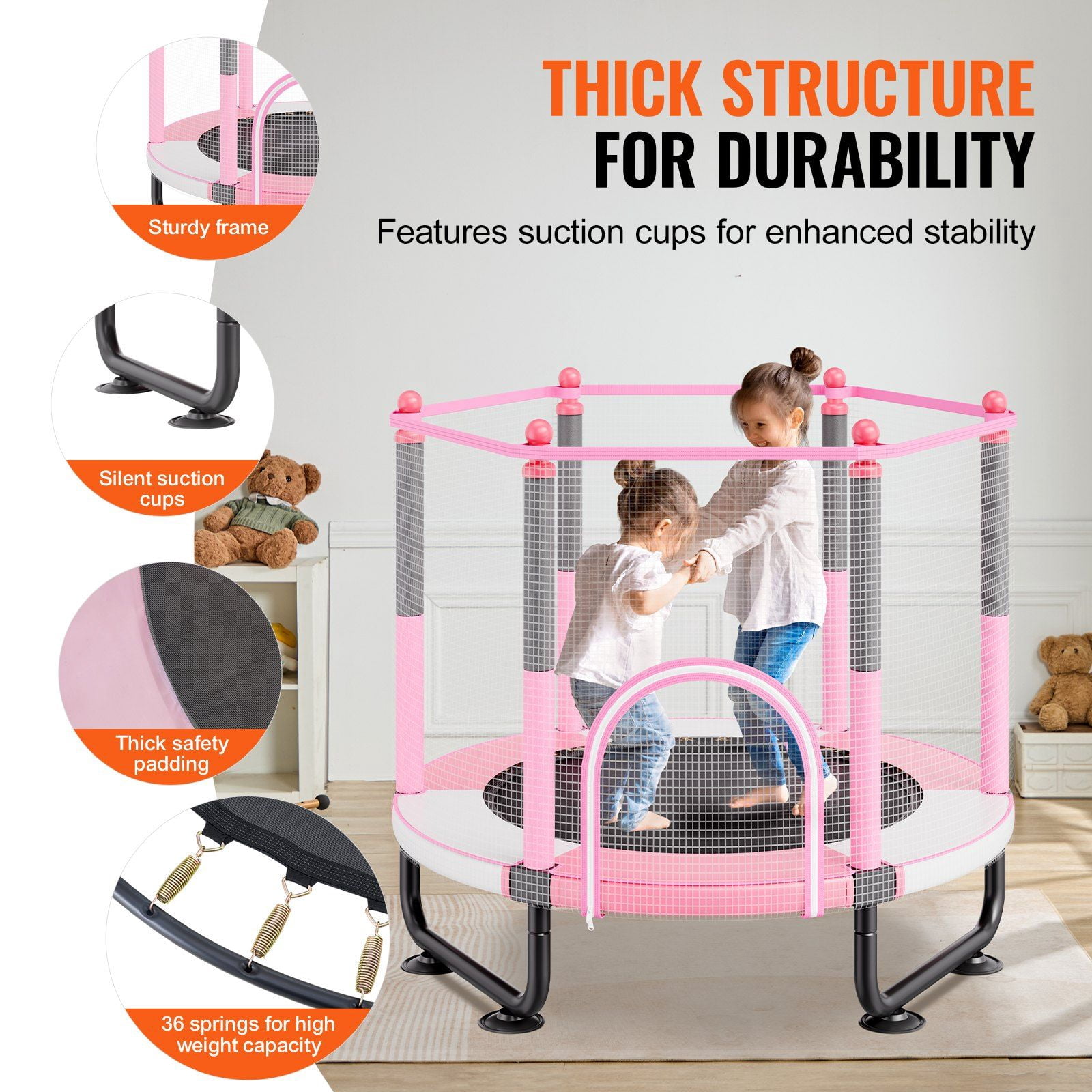 60 Inch Kids Trampoline with Safety Enclosure Net and Basketball Hoop 5FT Indoor Outdoor Mini Trampoline for Toddlers 3+ Years Pink Birthday Christmas Gifts