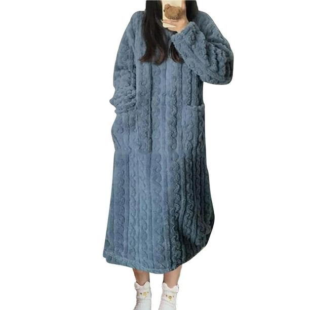 Camisón largo de moda para mujer, bata de baño alargada, abrigada, de manga larga, con bolsillo