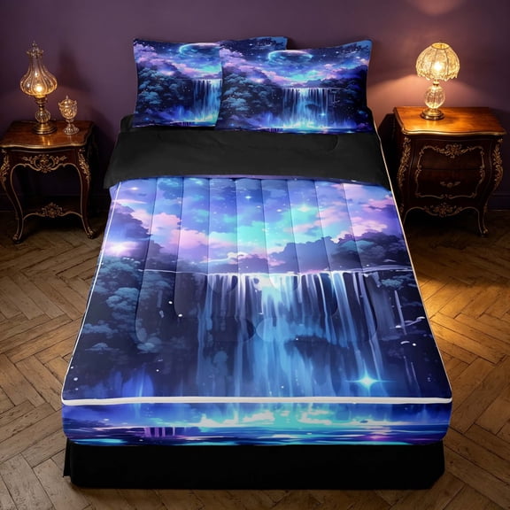 Homewish Blue Galaxy Zipper Twin Comforter Sets with Fitted Sheet and 2 Pillowcases for Kids Girls, Stars Moon Waterfall Zipper Bedding Set, Black Reversible