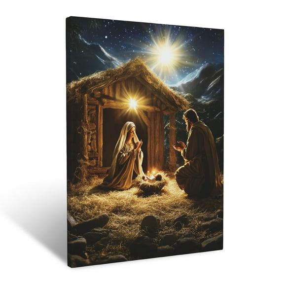 CozyNet The Nativity Scene Glowing Brightly, With Mary And Joseph Kneeling Under The Light Of A Star Wall Art Prints With Frame Canvas Perfect for Living Room & Bedroom, Wall Decor 12"x16"