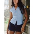 thumbnail image 3 of Women Y2K Lapel Cap‑Sleeve Button‑Down Crop Blouse, Ruched‑Front Tie‑Back Slim‑Fit Vintage Going‑Out Summer Top, 3 of 16
