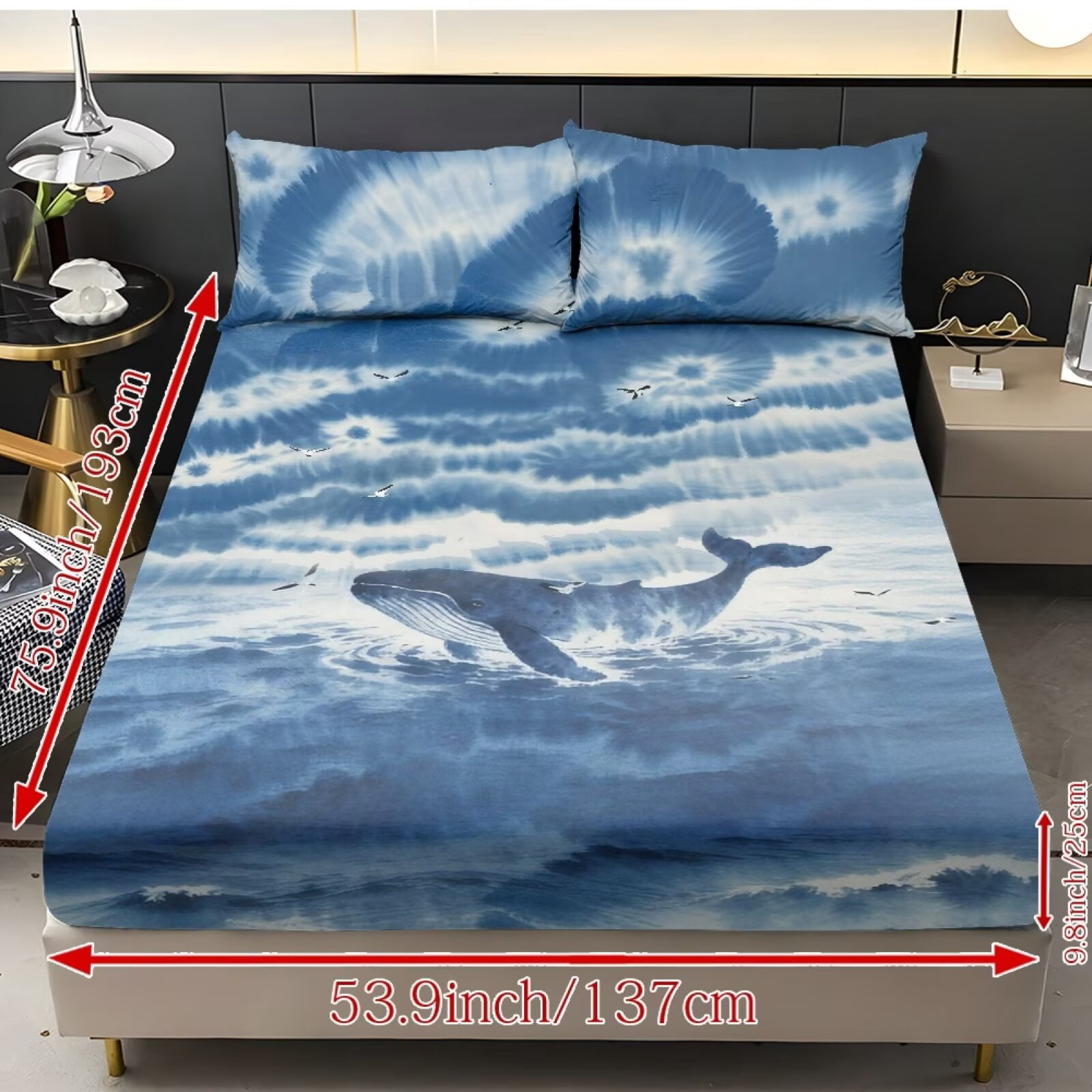 ZIATUBLES Full Sheets Set 3 Pieces,Lightweight Breathable Bed Sheets, Soft Cozy Bedding 9.8" Standard Pocket Sheets with Elastic Bottom Straps, Blue Tie-Dye Whale Print