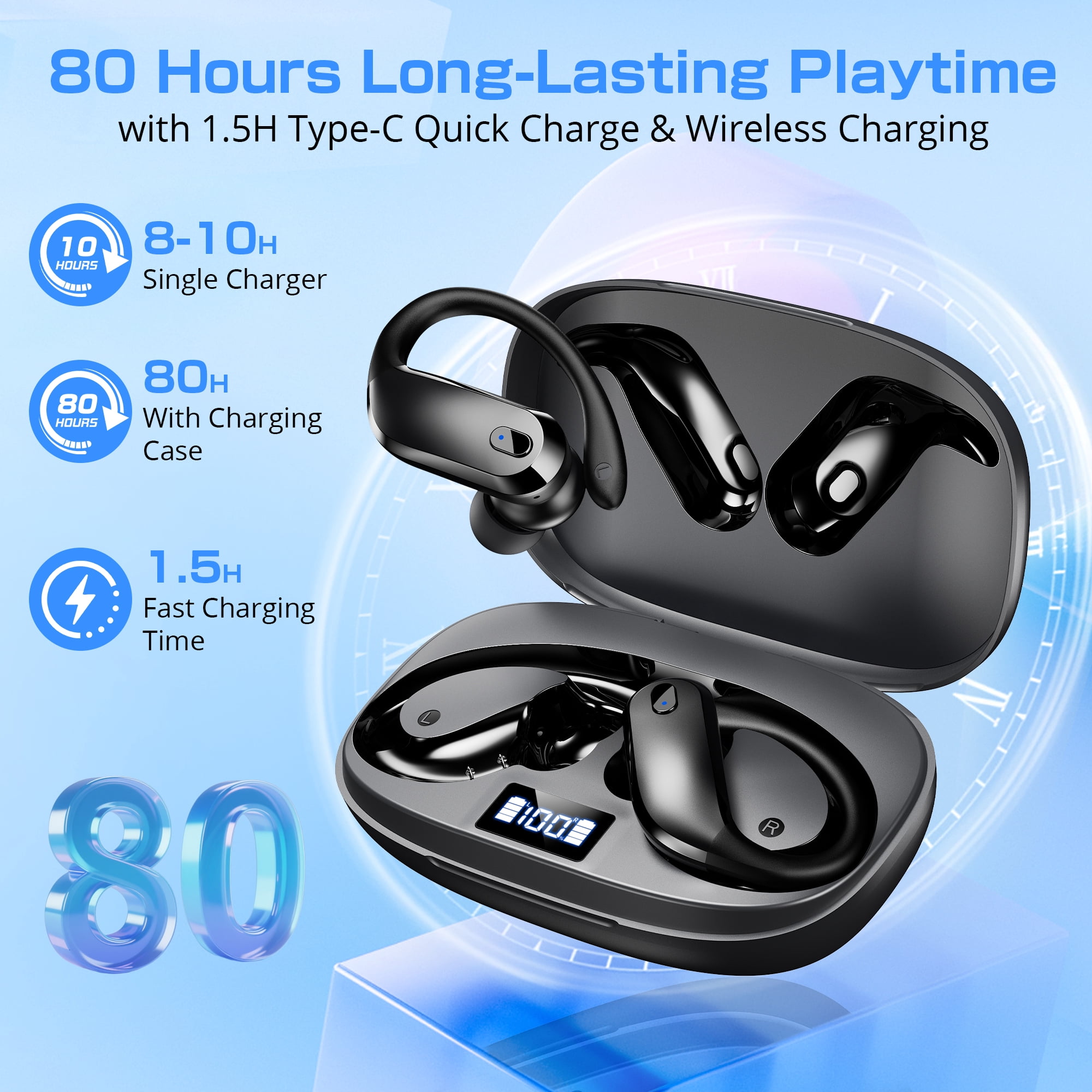 Wireless Earbuds Bluetooth 5.4 Headphones Sport, IPX7 Waterproof Earphones with Earhooks, 80H Playtime, Fast Charging Case, Noise Cancelling Mic, Lightweight Bluetooth Earbuds for Running Gym