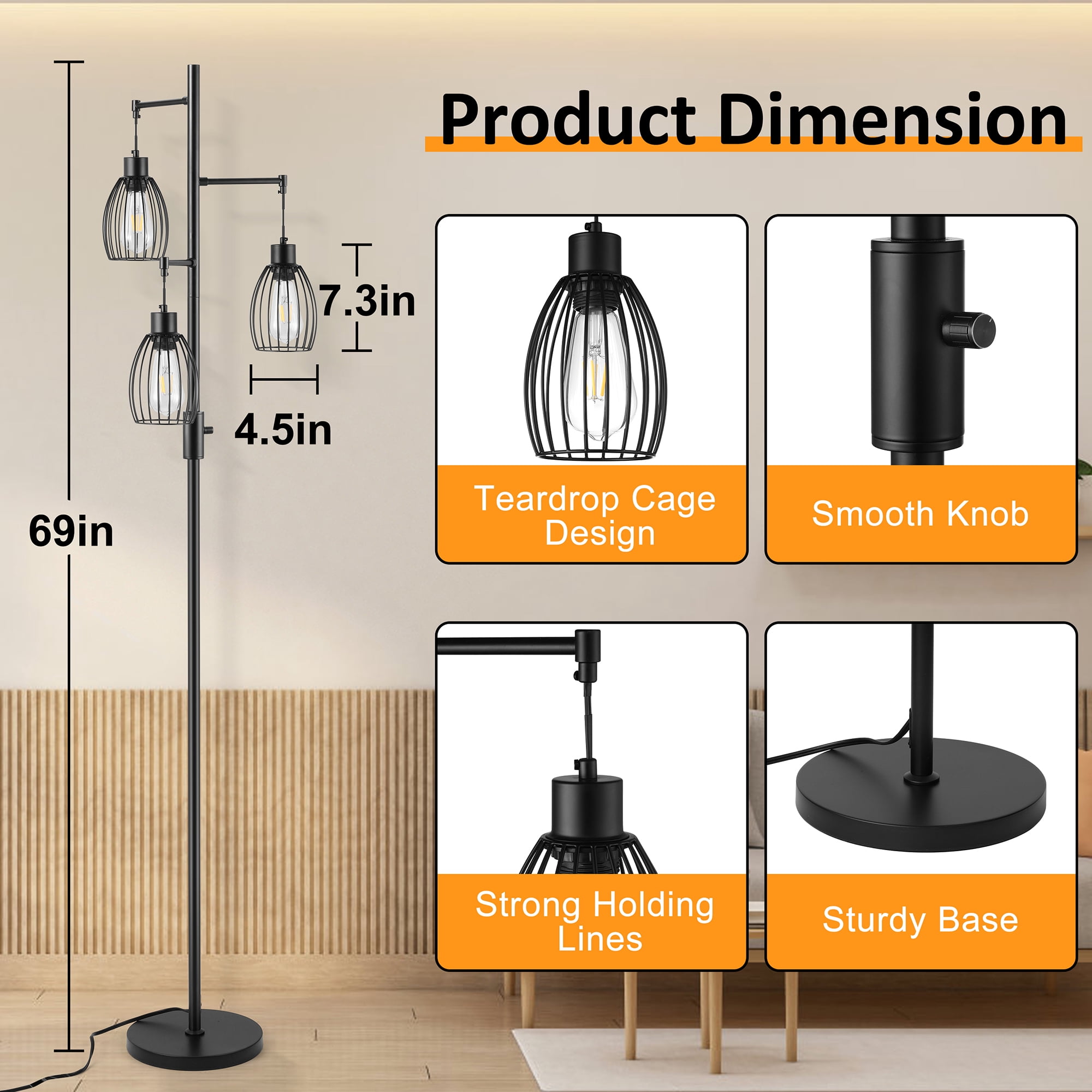 Vesteel Standing Lamp, Farmhouse Lamp with 3 Teardrop Cage and Bulbs, Industrial Dimmable Floor Lamp for Living Room Bedroom Office Dining Room