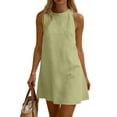 thumbnail image 2 of Mini Dress for Women 2026 Solid Linen Crew Neck Summer Vacation Going Out Cute Short Dress Green XS, 2 of 6
