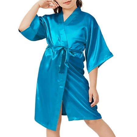 Kids Girl s Silky Satin Kimono Robe for Spa Wedding Birthday Party Solid Color Lingerie Sleepwear Children s Gifts Blue 1 12M-24M