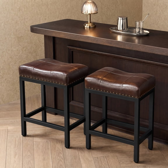 Kelno 24 Inch Saddle Bar Stool Set of 2 PU Leather Counter Stools with Steel Frame and Footrest, Brown