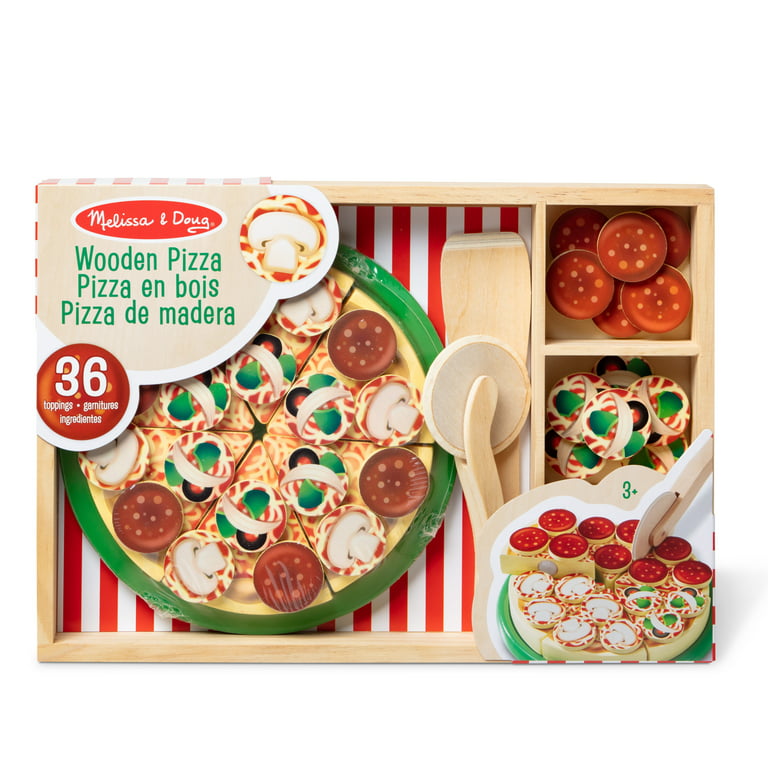 Melissa & Doug Wooden Pizza Play Food Set With 36 Toppings - Pretend Food  And Pizza Cutter/ Toy For Kids Ages 3+