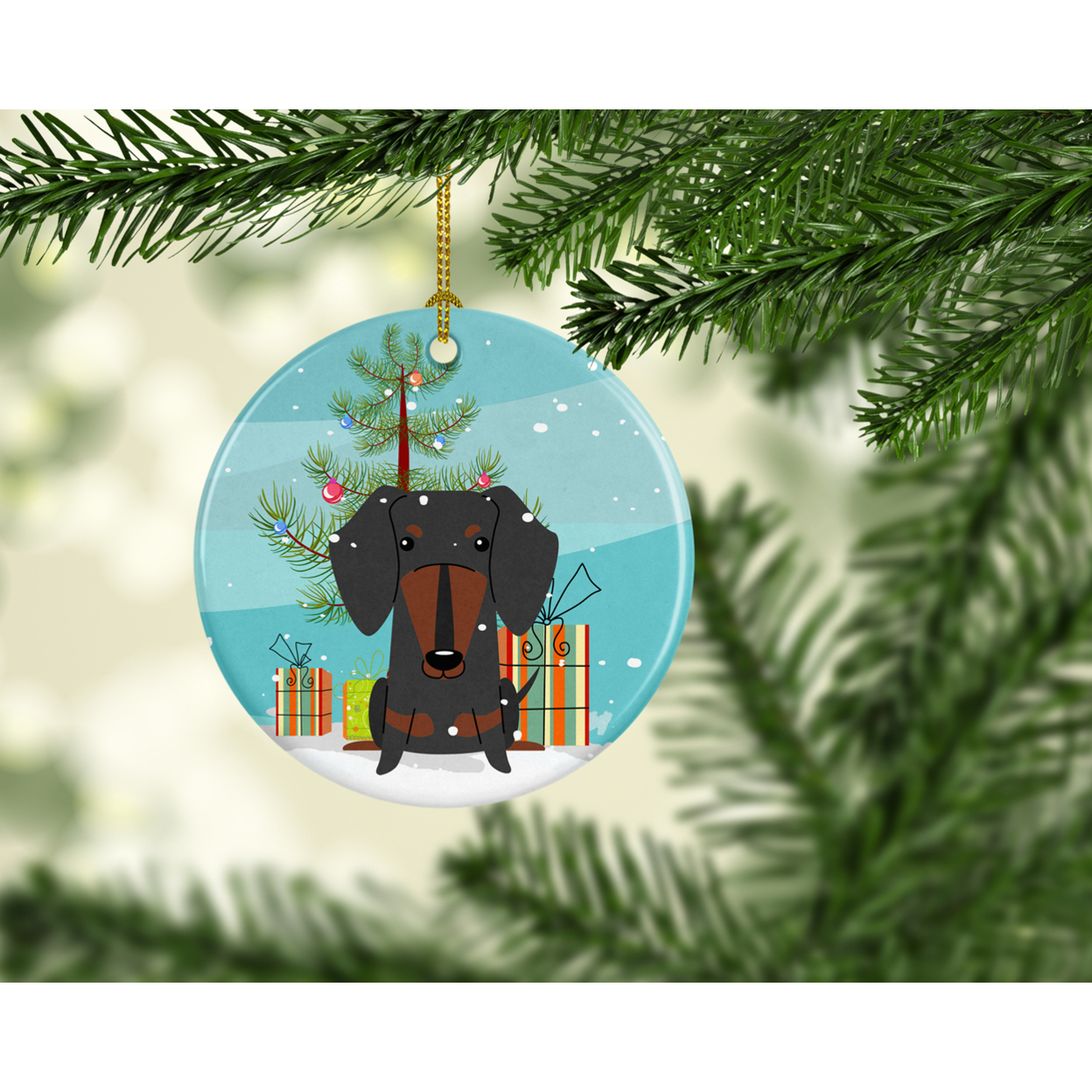 Carolines Treasures BB4257CO1 Merry Christmas Tree Dachshund Black Tan Ceramic Ornament 3 in multicolor
