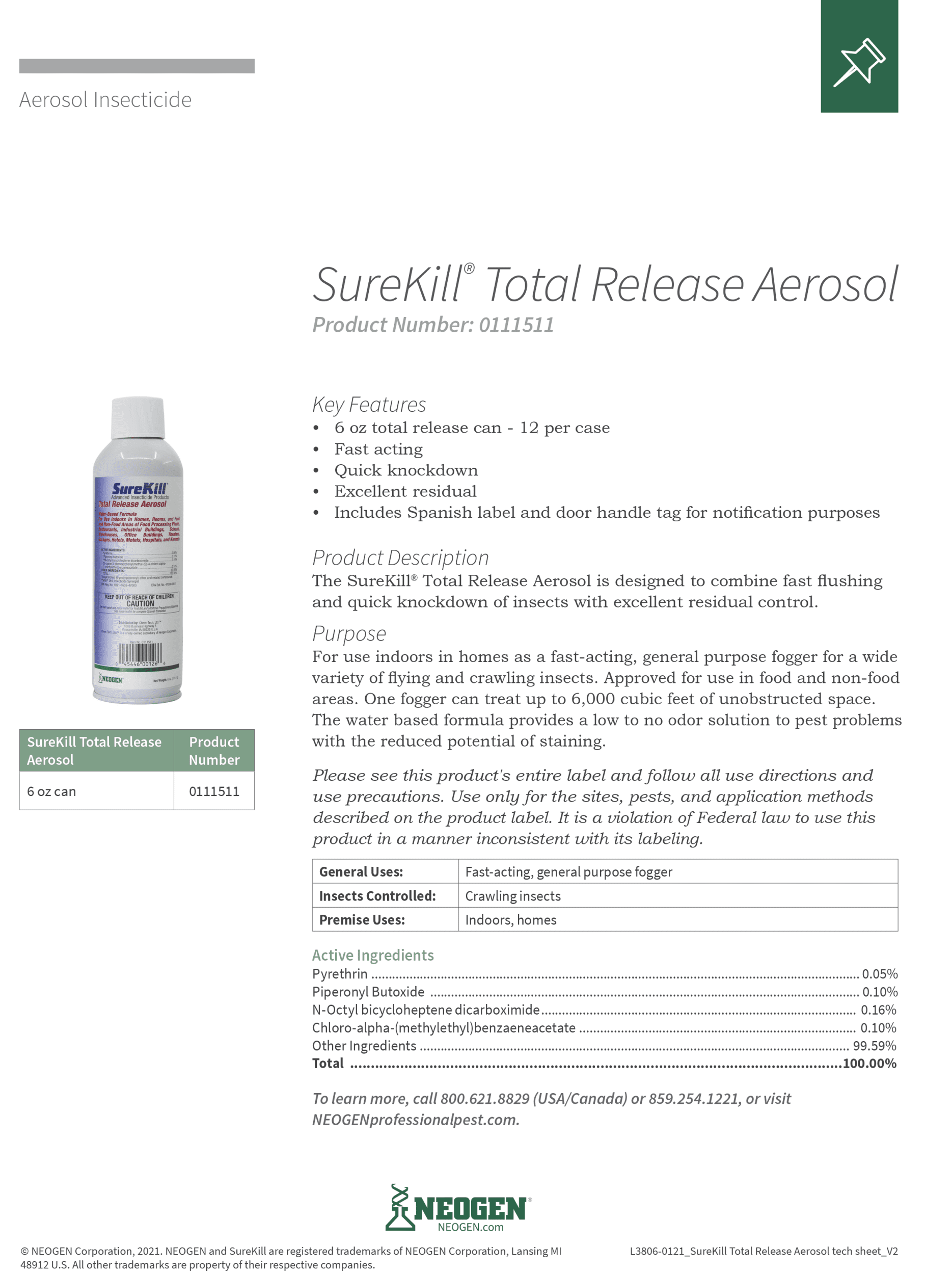 Neogen SureKill Total Release Fogger, 6 oz Aerosol, Indoor Bug