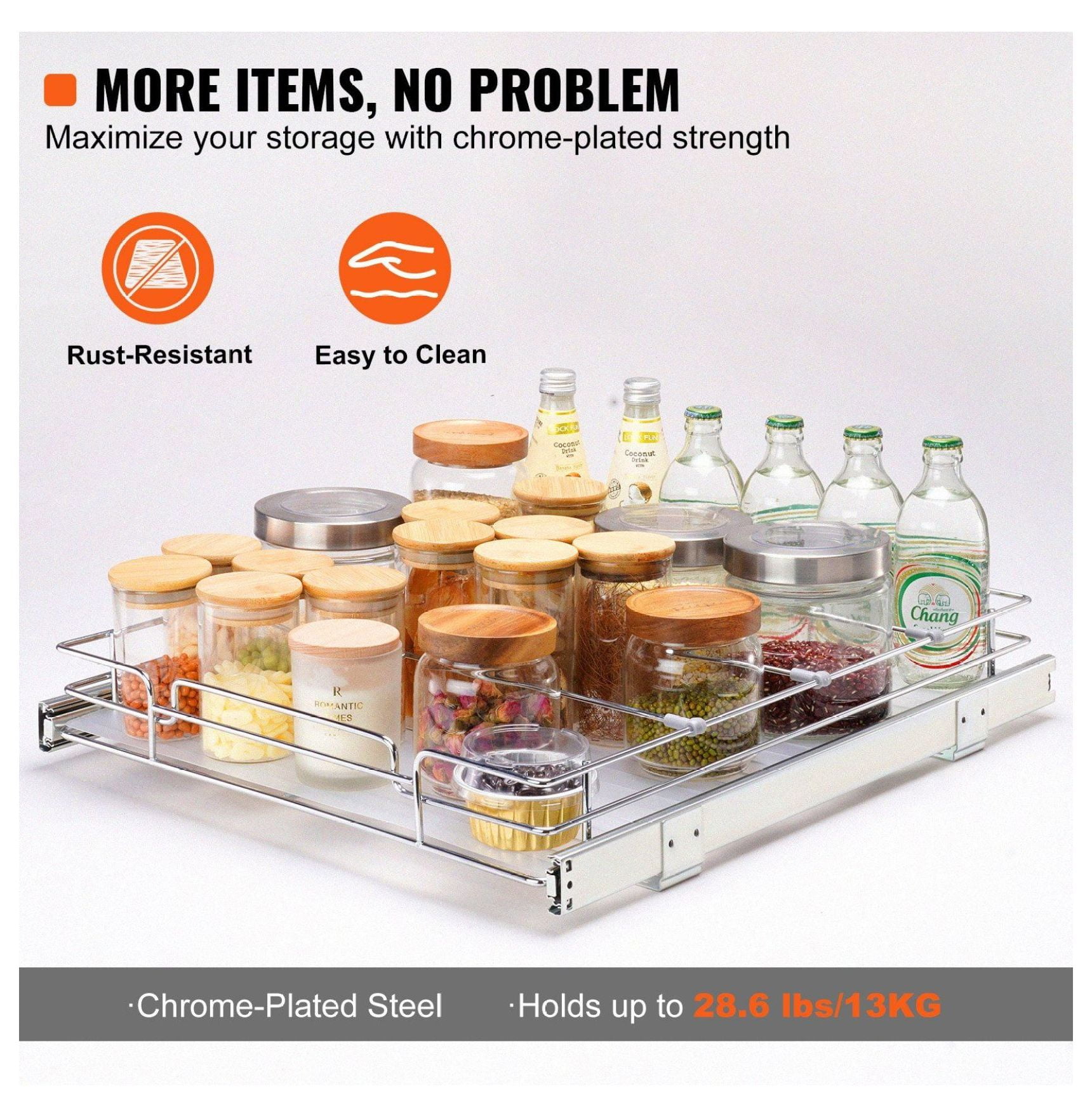 Slide Out Cabinet Organizer 14x21 inch, Pantry Shelves for Kitchen Cabinets, Heavy Duty Roll Out Drawers - Plated Steel, Under Sink Storage