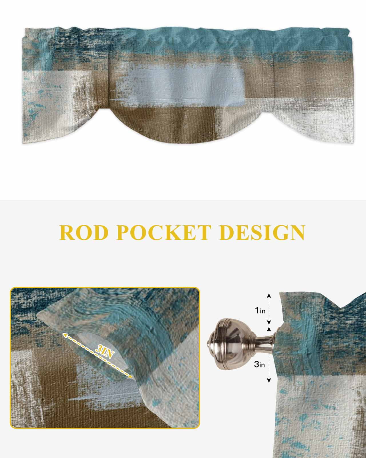 Abstract Mottled Tie Up Valances Curtain, Adjustable Kitchen Teal Brown Vintage Oil Painting Texture Valances for Windows Decor, Rod Pocket Short Curtains Set for Bedroom/Bathroom, 60"x18"