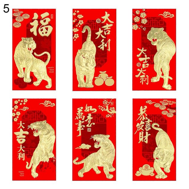 6 sobres rojos llamativos de papel auspicioso del 2022 con el zodiaco chino, paquetes de dinero de la suerte para el Festival de primavera, 5