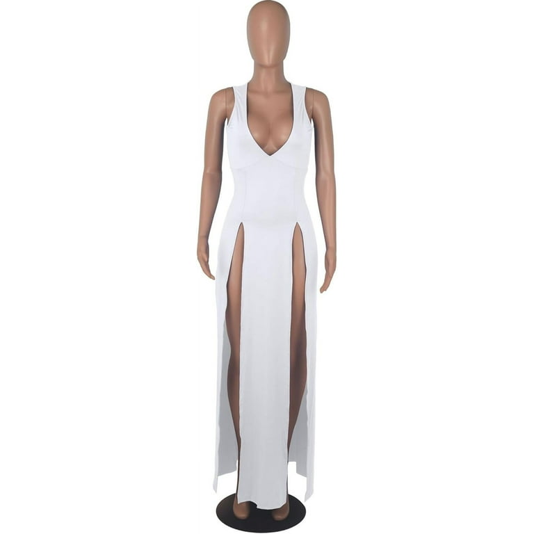 HLSOHJP Women's Double Slit Maxi Tank Dress Sleeveless Deep