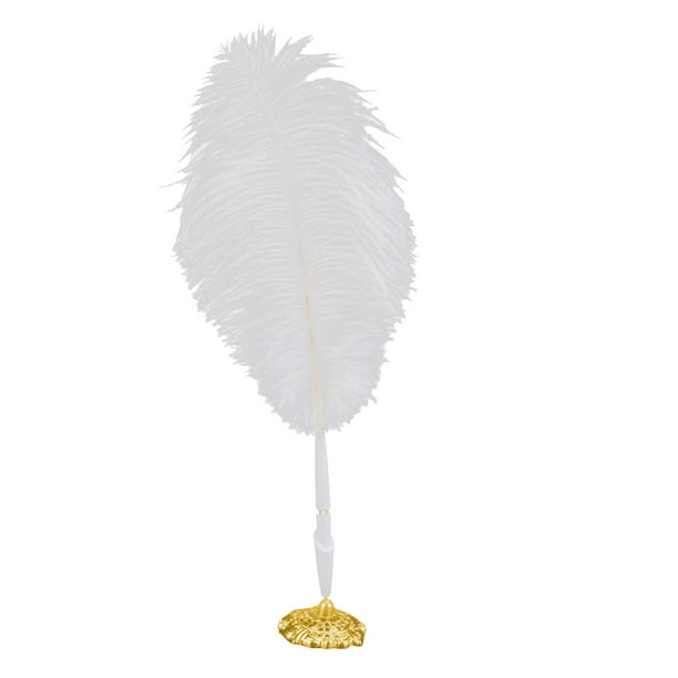 Pluma de avestruz blanca, pluma para firmas de libros de invitados de boda, soporte de metal dorado