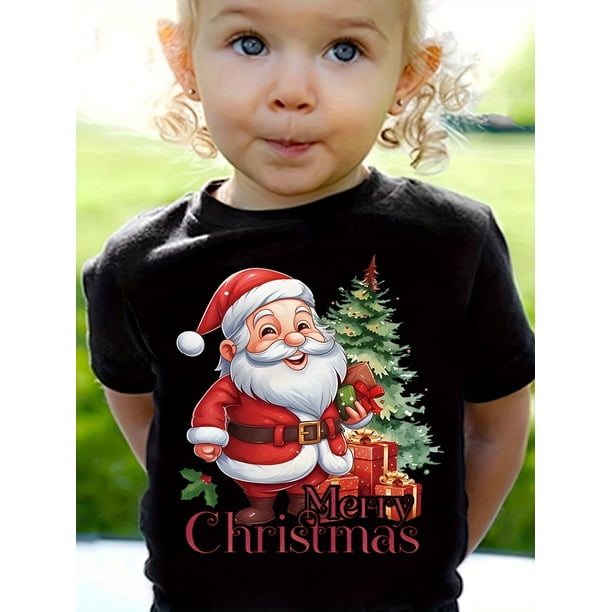 Santa Claus Xmas Tree Print, Girl's Novel Graphic Design Cotton T-shirt, Casual Comfy Tees For Summer, Girl's Clothing Tops For Daily Activities