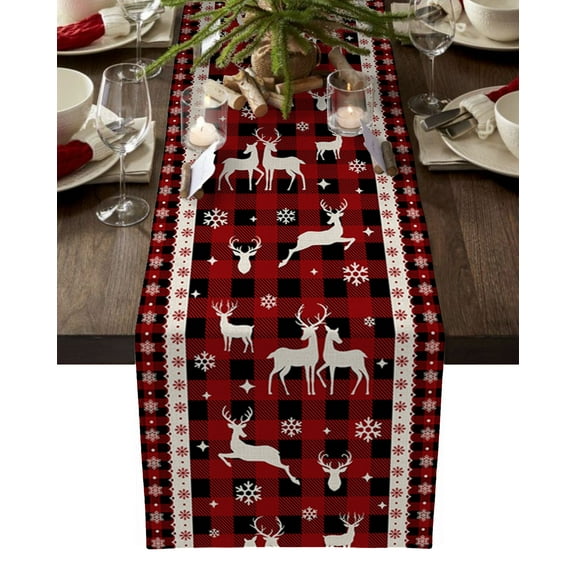 Christmas Deer, Table Runner 72 Inches, Reindeer Winter Xmas Snowflake Plaid Red Bed Runner Dresser Scarves Tabletop for Indoor Outdoor Parties/Ceremony/Banquet, 16" x 72"