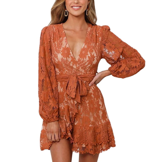 Vestido Con Dobladillo De Encaje Para Mujer, Mini Vestido De Manga Larga Con Dobladillo De Volantes Amigable Con La Piel Para Ir De Compras Para Dama Para Vacaciones ANGGREK CC1711