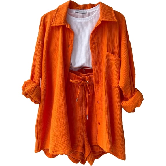 AURA Women Two Piece Outfit Long Sleeve Shirt Drawstring Shorts Casual Set