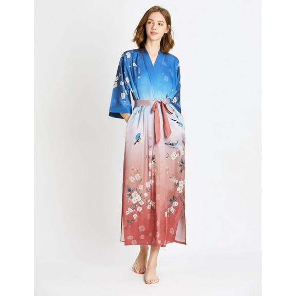 PRODESIGN Long Kimono Robe Satin Sleepwear Gradient Watercolor Silky Kimono Nightgown Bathrobe Kimono Blouse Cardigan