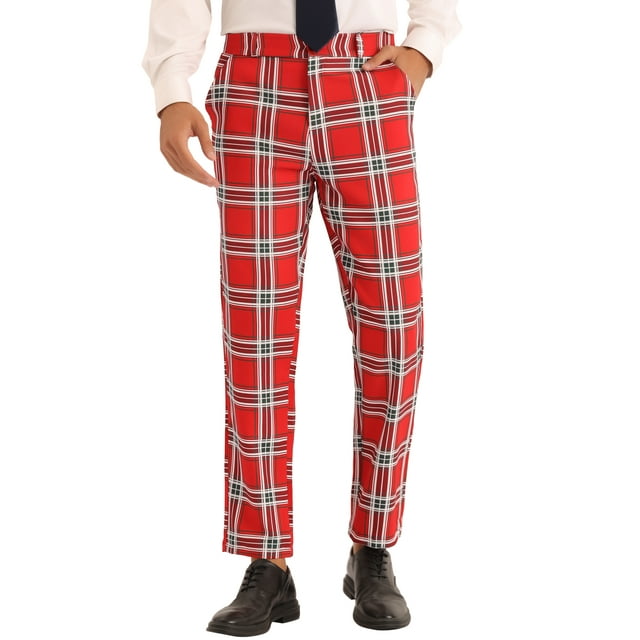 Unique Bargains Pantalon à Carreaux pour Hommes Coupe Slim devant Plat Pantalon d'Affaires Rouge 2TG