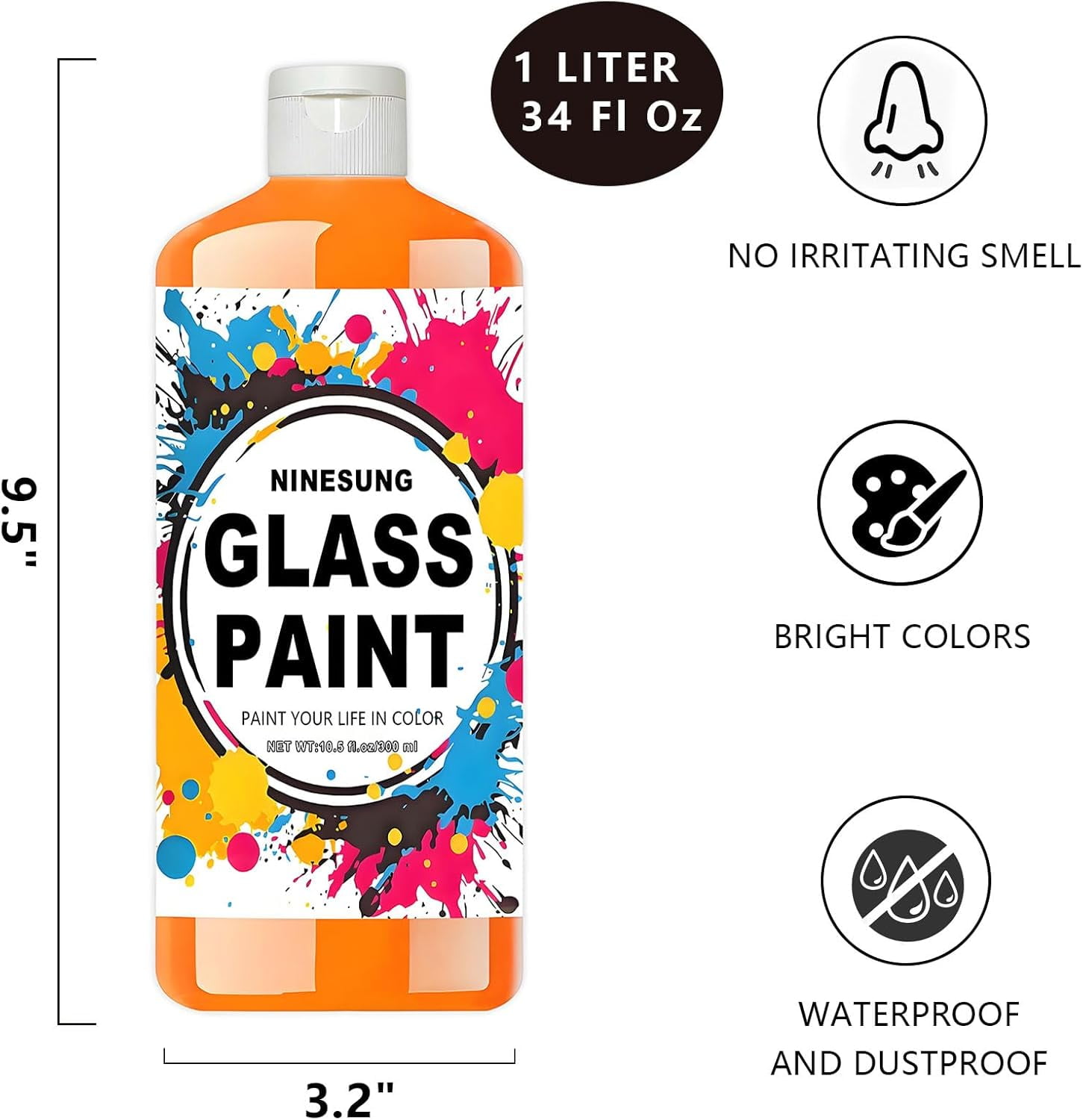 Orange Glass Paint, 34 oz (1 Liter) Jumbo Bulk - Acrylic Paint for Stained Glass, Windows, Wine Glasses, Ceramics & Bottles - For Artists & Beginners (Orange, 34 Fl Oz)