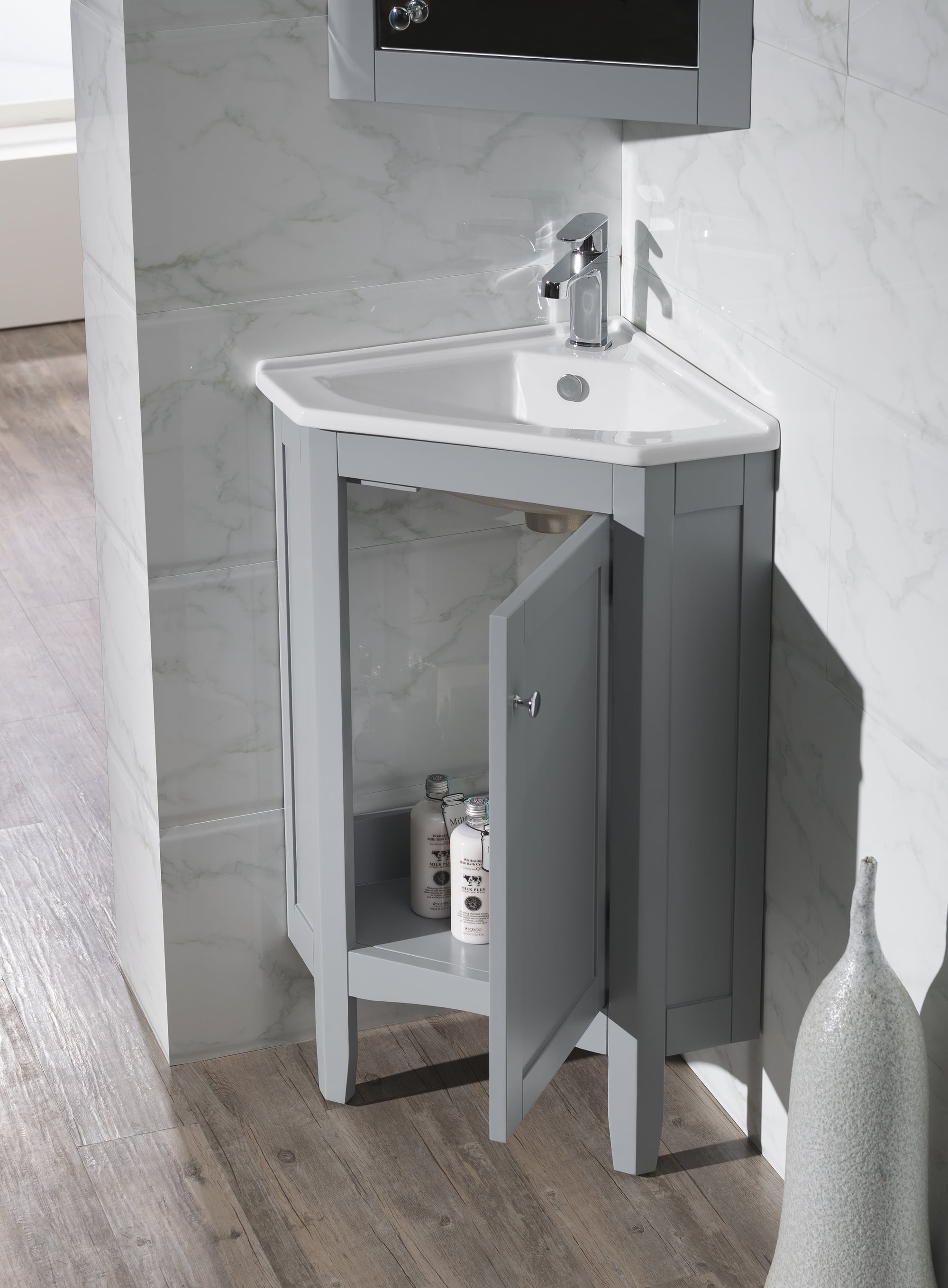 Stufurhome Monte Grey 25 Inch Corner Bathroom Vanity with Medicine Cabinet  