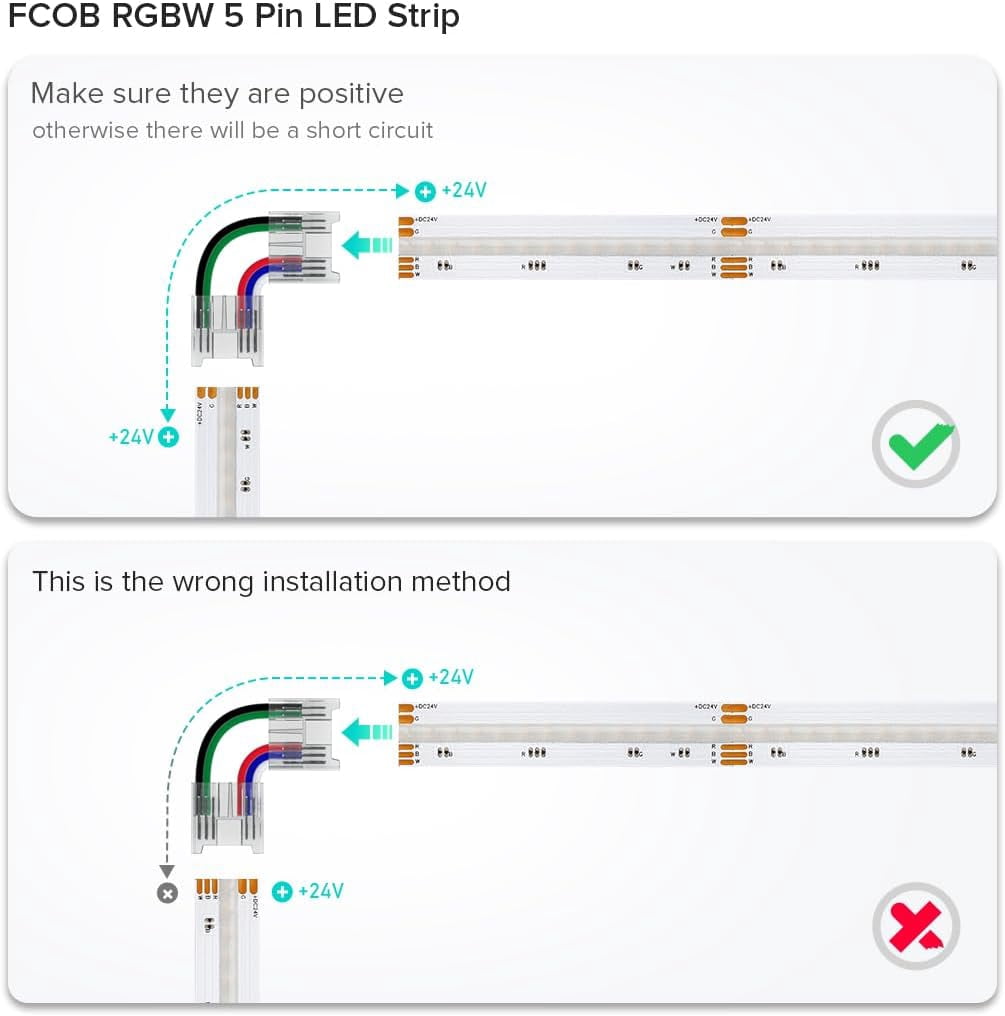 FCOB 5Pin 12mm 0.47in Transparent Connector Kit 30pcs Strip to Wire 30pcs Gapless Solderless Connectors 10pcs 5.9in Long 24AWG Extension Wire Support FCOB RGBW (+ R G B W) LED Strip