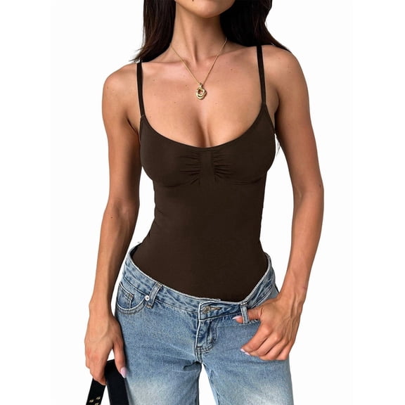 Womens U Neck Adjustable Spaghetti Strap Tight Tank Tops Casual Workout Basic Camisole Tops Brown XL