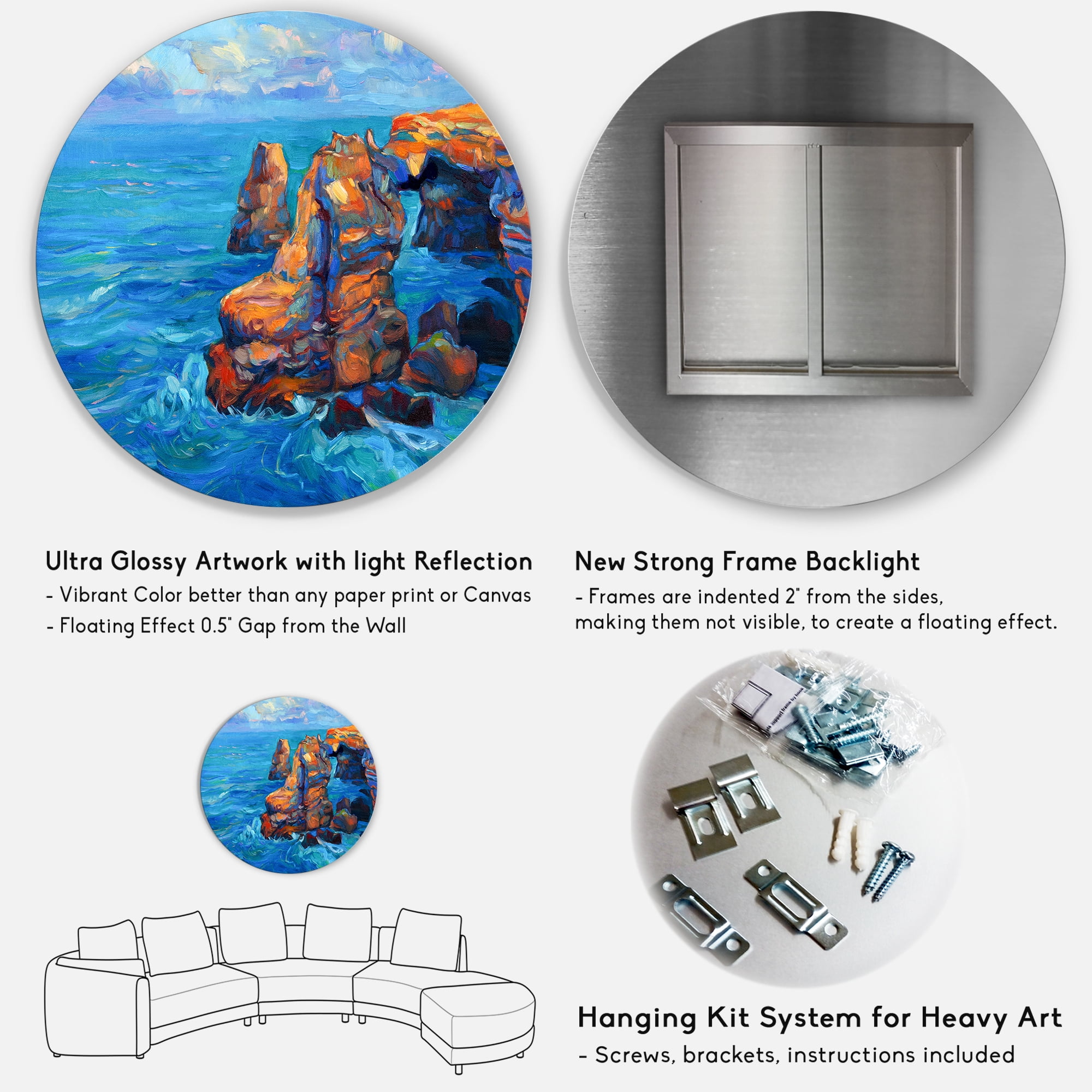 Designart 'The Blue Ocean By Rocky Cliffs' Nautical & Coastal Circle Metal Wall Art 36x36 - Disc of 36