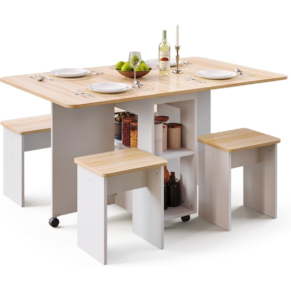 Folding Dining Table Set for 4, Drop Leaf Table with 4 Chairs for Small Spaces, Dining Room Table Set with Storage Shelf and Wheels, for Kitchen Dining Room (Red Oak and White)