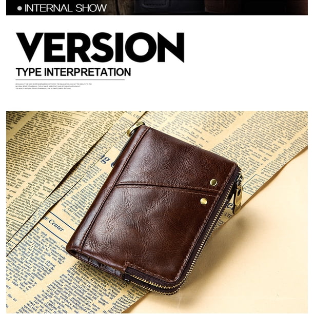 (brown)Leather Wallet for Men Small Bifold Purse Brown Zipper Vintage Removable Coin Pocket Card Holder with Photo Window