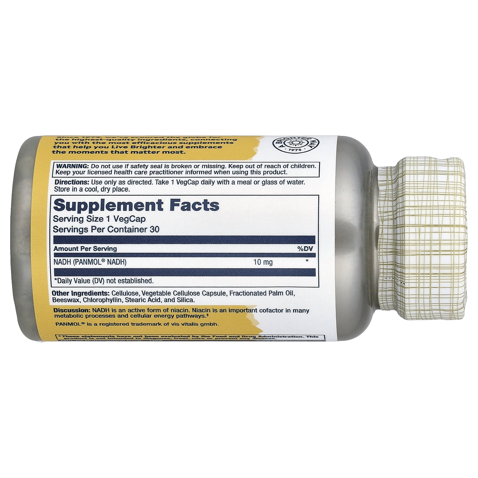 SOLARAY NADH 10 mg - Active Form of Niacin, Reduced NAD Supplement - Cofactor in Cellular Energy Pathways - Lab Verified, Gluten Free, 60-Day Guarantee - 30 Servings, 30 VegCaps