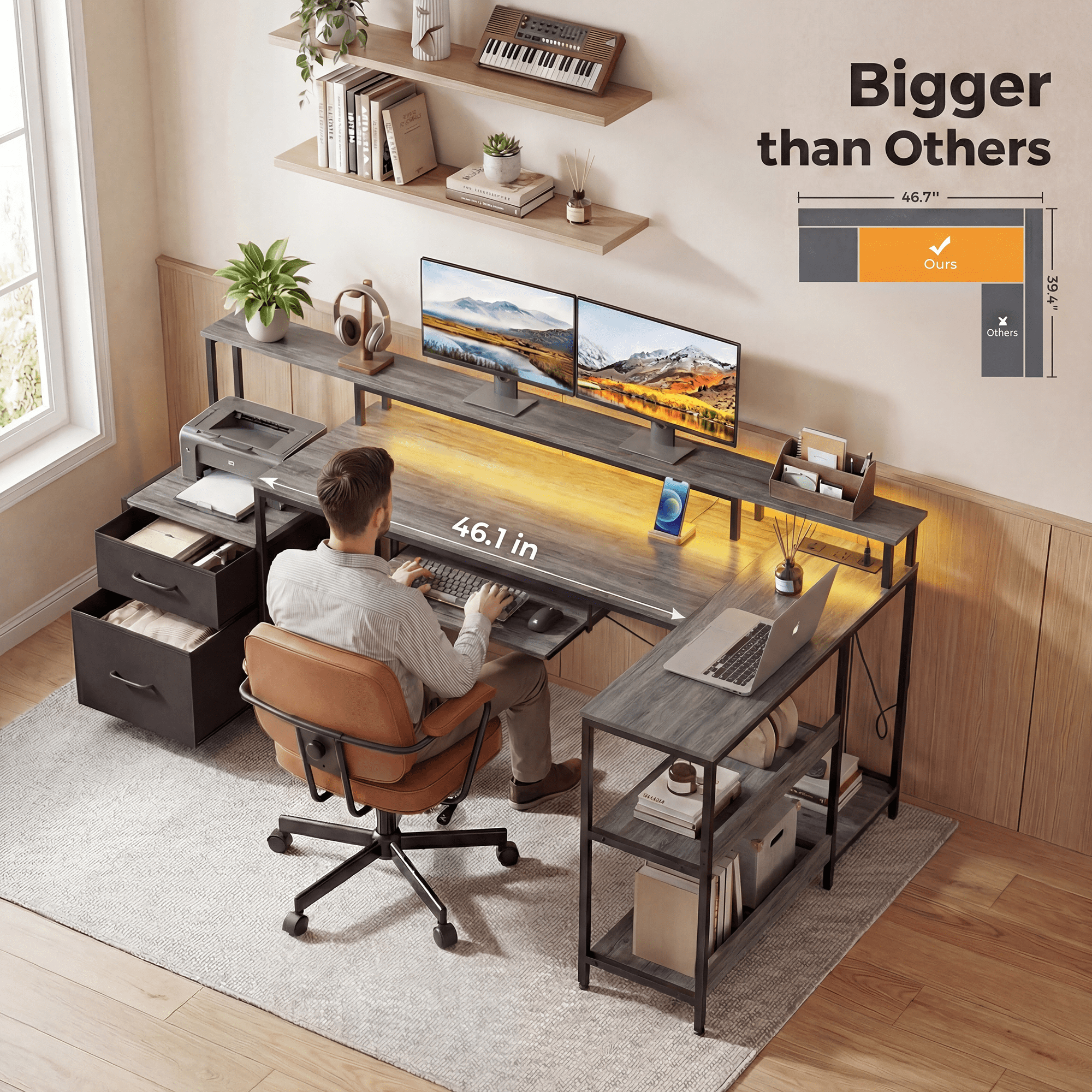 IULULU 75" Reversible L-Shaped Gaming Desk with Power Outlet and LED Strip, Computer Desk with Storage Shelves for Home Office, Gray