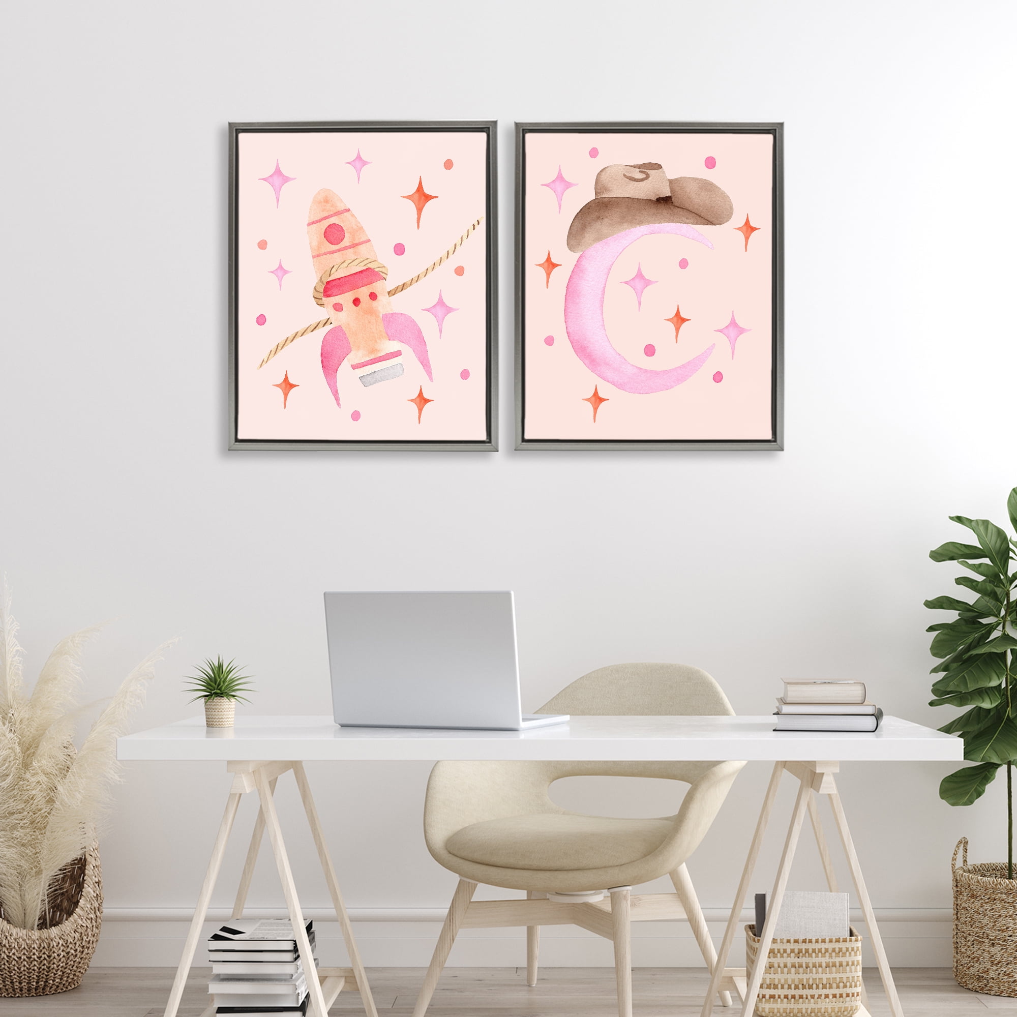 Space Cowgirl Rocket Ship 2 Piece Gray Framed Floater Canvas Set, design by Nina Jacobs