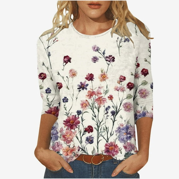 MaFYtyTPR Women Fashion Printed T-shirt 3/4 Sleeves Blouse Round Neck Casual Tops New Edition Top Shirt Beige L