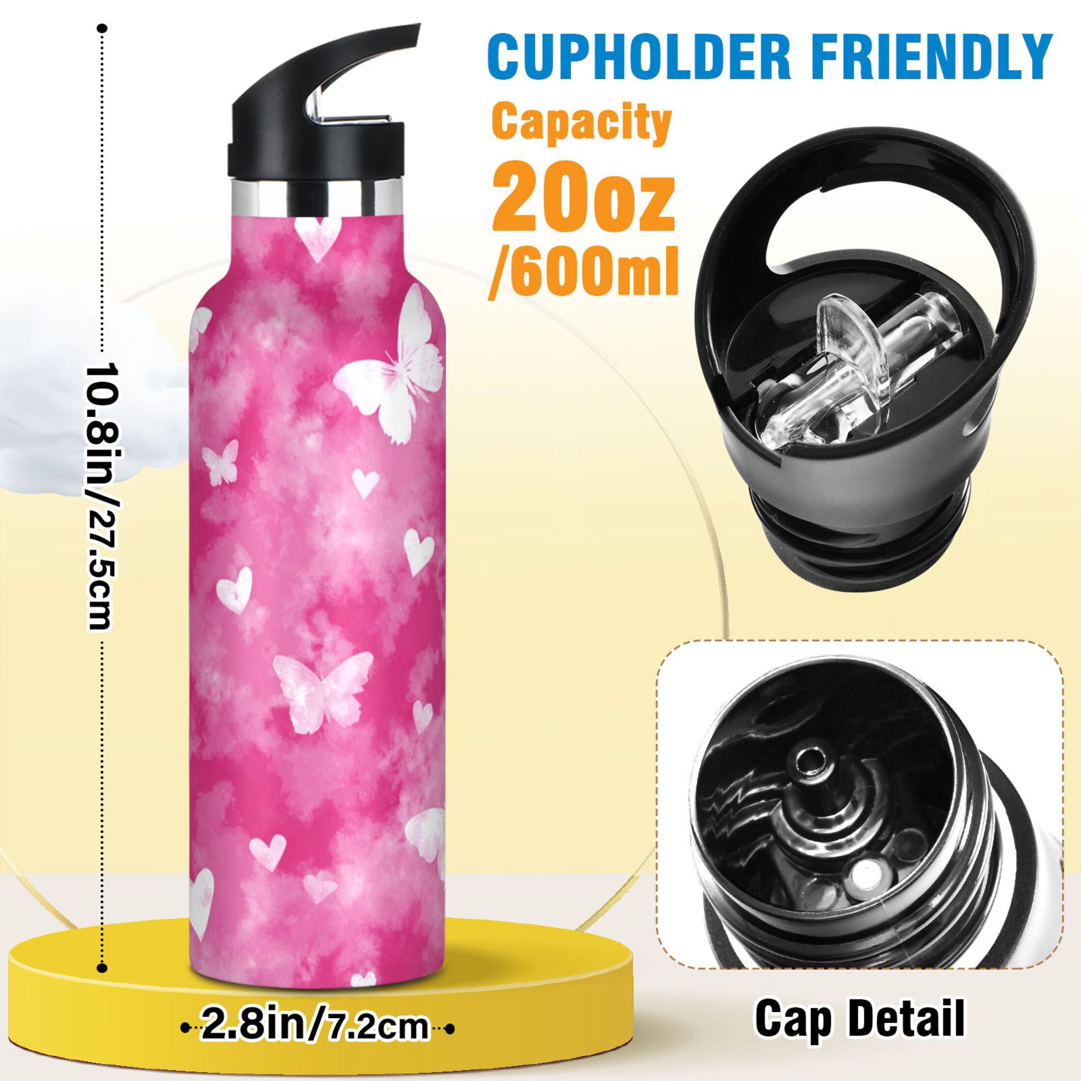 Kids Insulated Stainless Steel Sports Water Bottle 600ml (20oz) Pink Tie-dye with Butterflies