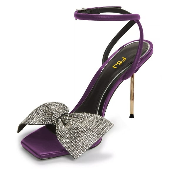 FSJ Women Sexy Rhinestones Bowknot Stiletto Thin High Heel Sandals Square Open Toe Ankle Buckle Strap Daily Walking Dress Shoes Size 8 Purple