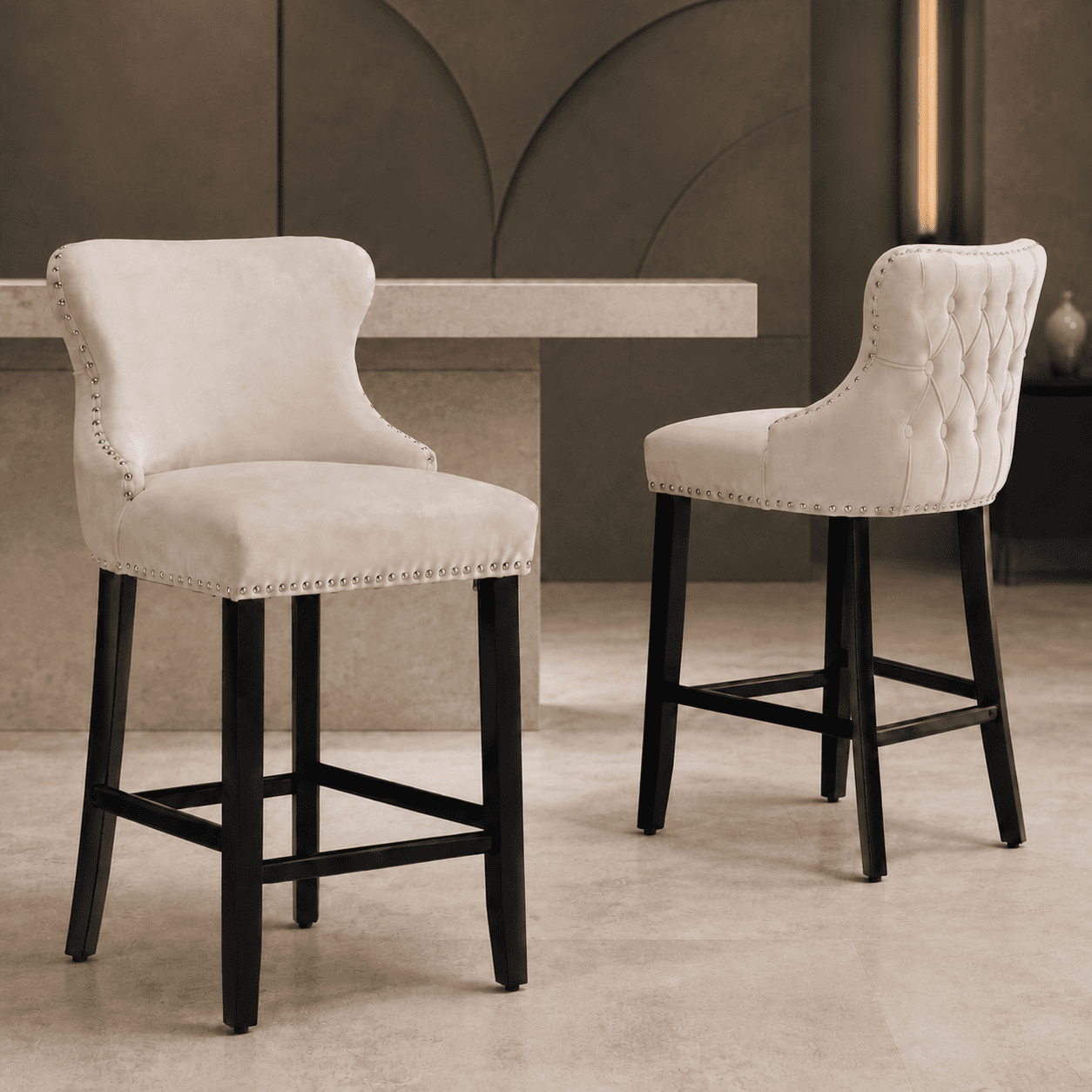 Seizeen Counter Height Bar Stools, Set of 2, Wing-back Velvet Dining Chairs with Soft Cushion, Solid Wood Legs, Button Tufted Decoration and Chrome Nailhead Trim, Beige