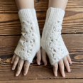thumbnail image 6 of QQAMB Gloves for Women Solid Color Hollow Out Knit Fingerless Winter Wool Texting Gloves Mittens Warm Fleece Lined, 6 of 8