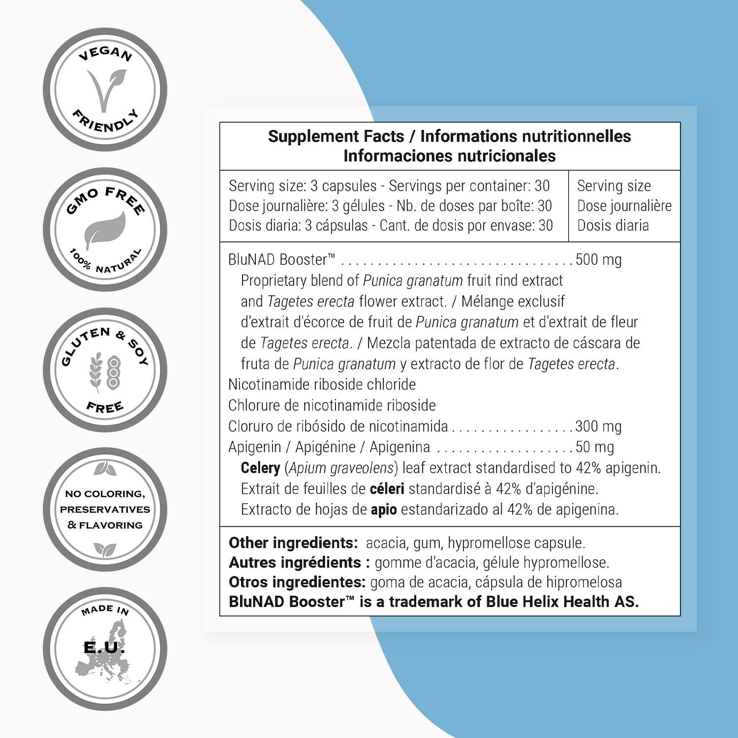 SuperSmart NAD+ Booster Formula - Patented BluNAD Complex with Nicotinamide Riboside, Apigenin - Cellular Energy & Vitality | Gluten Free & Vegan - 90 Vegetarian Capsules