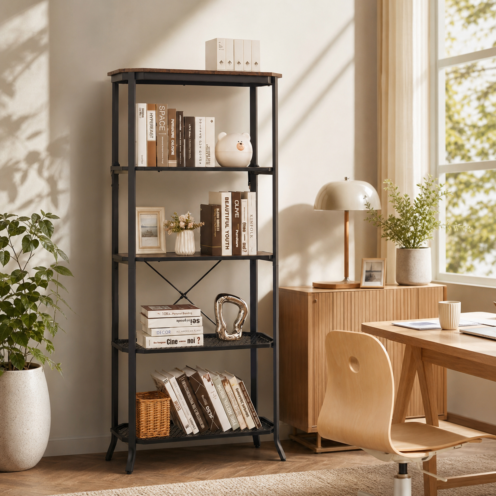 Furnibear Industrial 5-Layer Bookshelf with Out-Stretched Legs for Living Room Home Office Bedroom Display Storage Shelf, Rustic Brown
