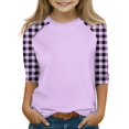thumbnail image 2 of YunPes Shirts for Teens Girls Fashion Summer 3/4 Sleeve Tops Color Block Crew Neck 3/4 Sleeve Shirts Plaid Lightweight Blouses Cute, 2 of 5