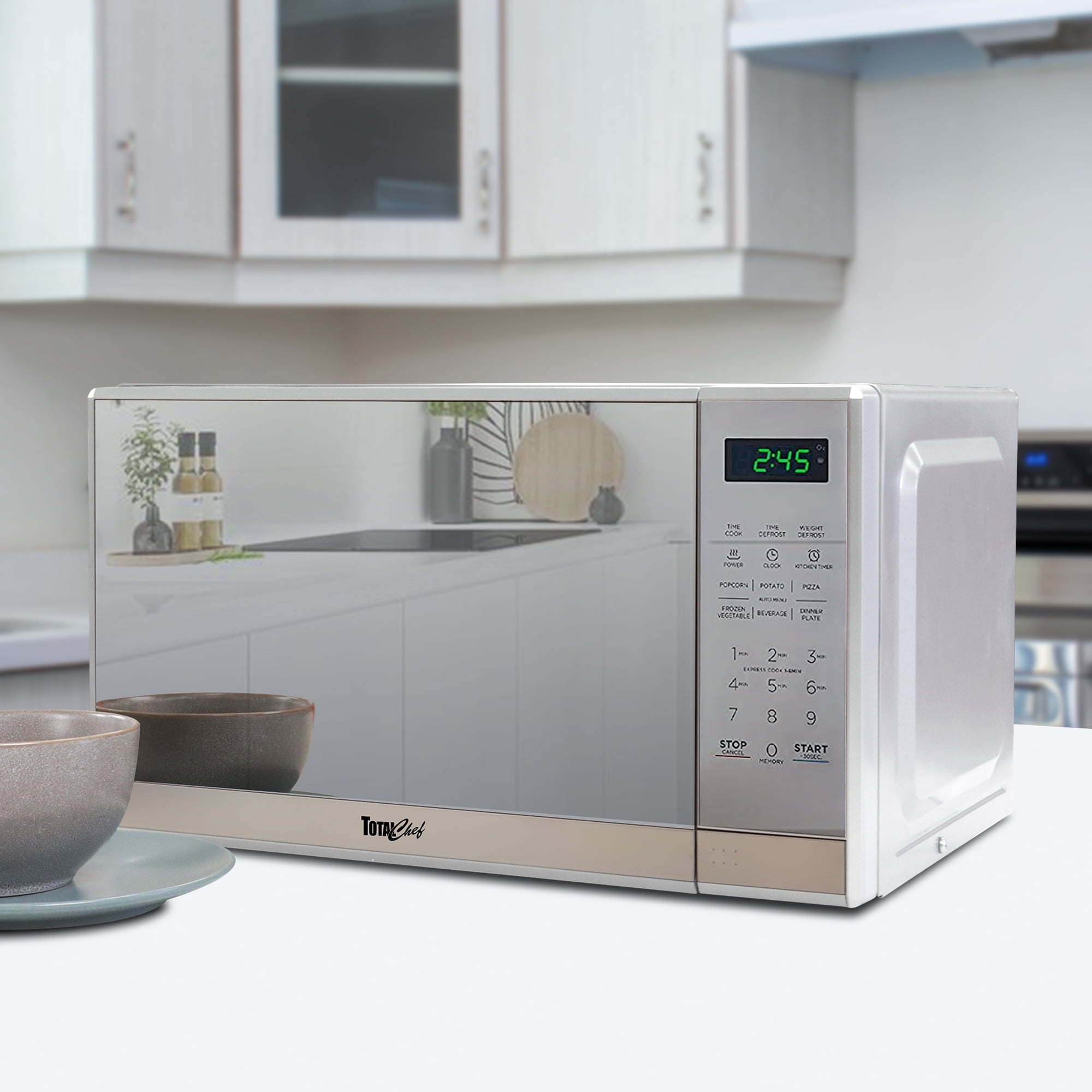 Total Chef Compact Countertop Microwave Oven, 700W, 0.7 Cubic Feet Capacity, Digital Touchscreen Controls, 6 Pre-Set Cooking Modes, Silver Stainless Steel
