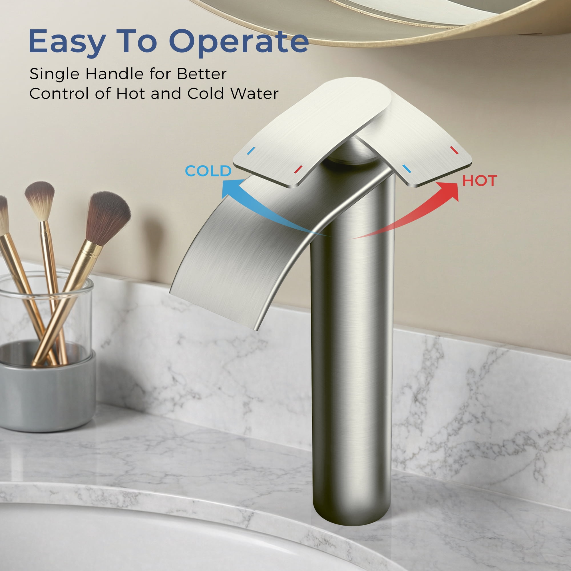 TVOFEK Tall Waterfall Bathroom Vessel Sink Faucet Single Handle, One Hole Brushed Nickel Bathroom Faucet with Metal Pop up Drain and cUPC Hoses, 11 inch Faucet for Basin Bath
