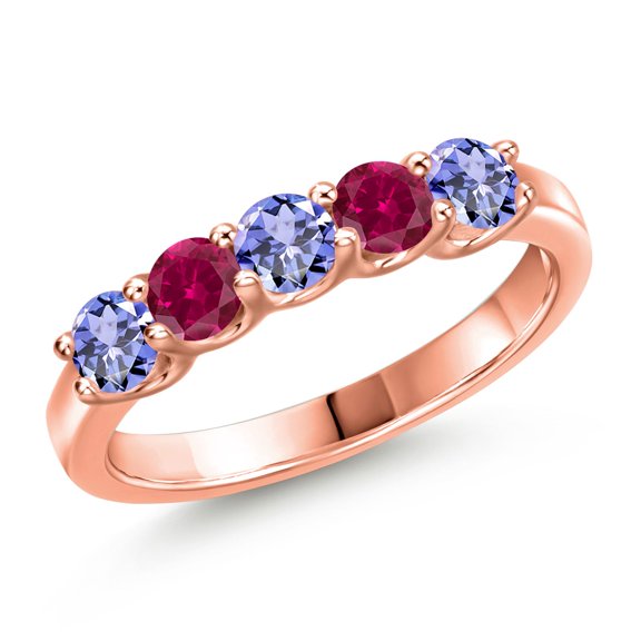 Gem Stone King 18K Rose Gold Plated Silver Blue Tanzanite and Red Created Ruby Wedding-Bands Ring for Women | 1.04 Cttw | Round 3.5MM | Gemstone December Birthstone | Size 5