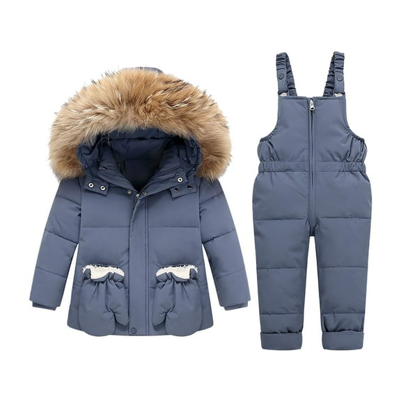 Toddler Baby Girls Winter 𝗦now Suit 2 Piece Puffer Warm 𝗙aux Fu𝗿 Hooded Snowsuit Jacket Pants Zip Up Ski Clothes Set